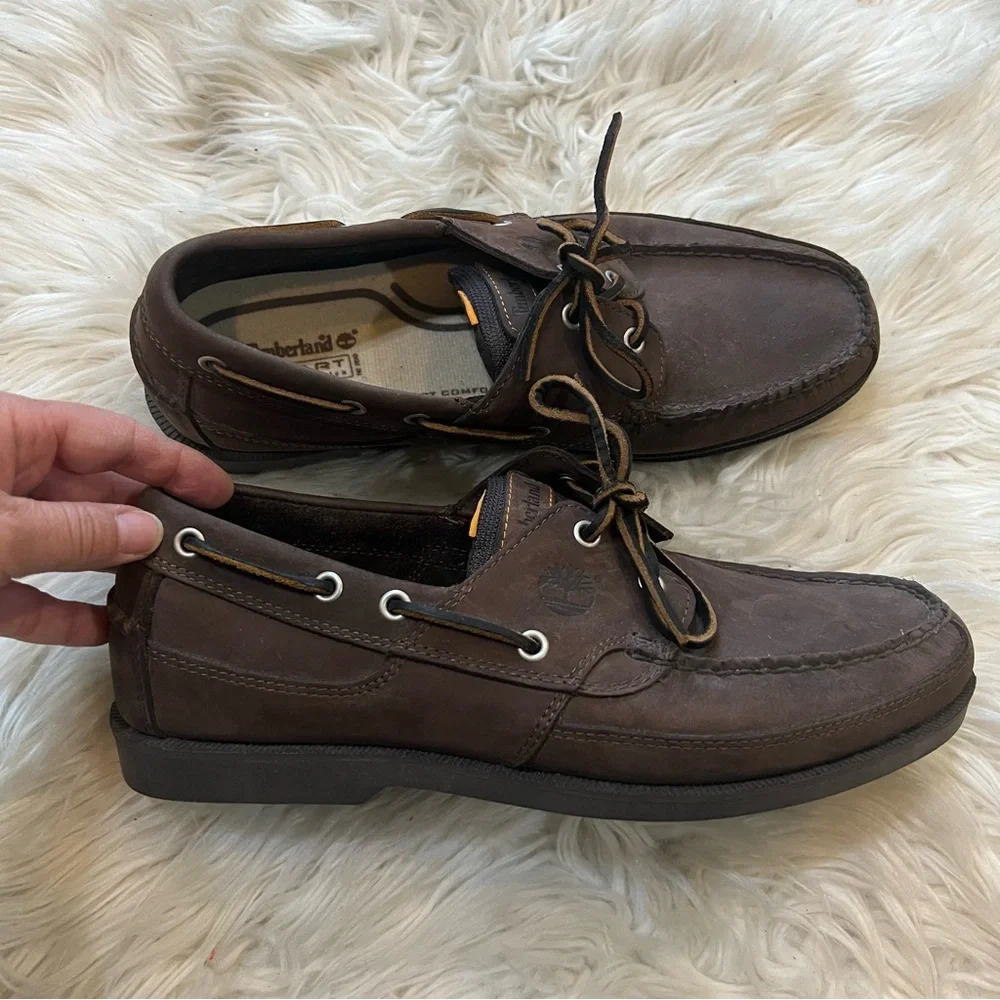 Timberland 80533 Brown Leather Smart Comfort Moc Toe Lace Up Boat Shoes Men’s 10